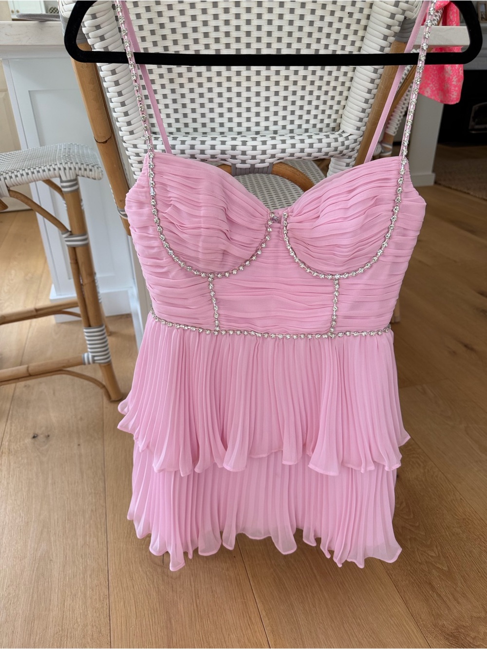 Self-Portrait Pink Tiered Pleated Mini Dress with Crystal Trim